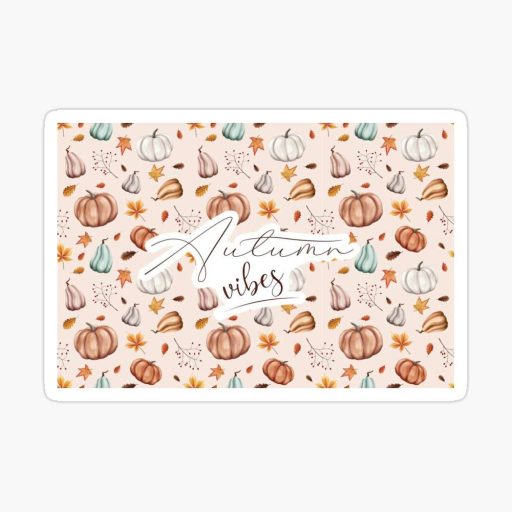 motif de citrouilles et feuilles d'automne sur fond rose avec texte Autumn Vibes