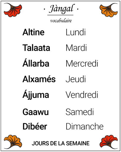 Jàngal Apprends les jours de la semaine