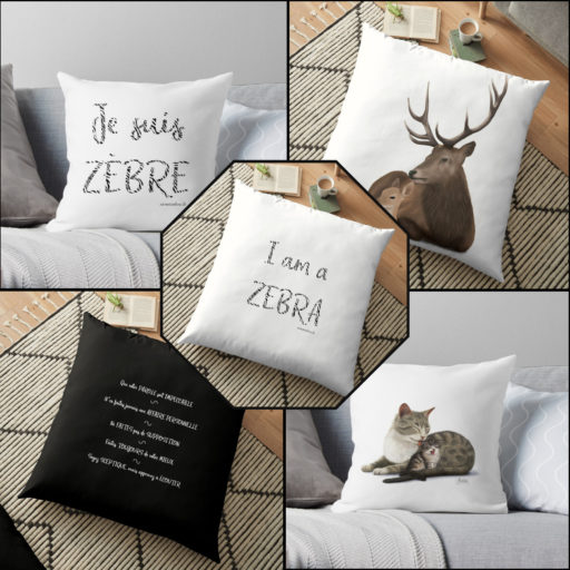 coussins -Collection Zen et Zèbre et bonne nuit mon petit - disponible sur la boutique Redbubble