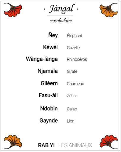 Vocabulaire des animaux de la savane en wolof - collection Jàngal