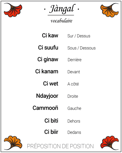 Vocabulaire des prépositions de position en wolof, devant, derrière, dessus, ci kaw - collection Jàngal