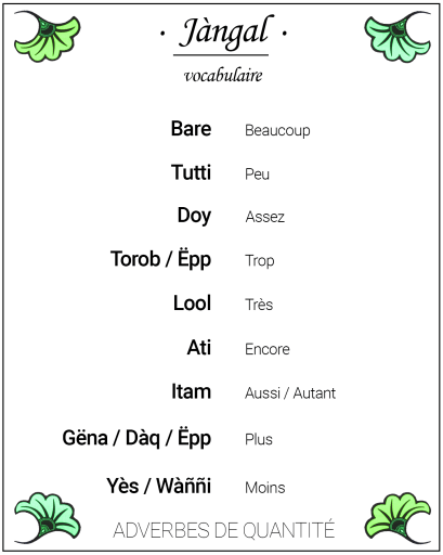 Carte de Vocabulaire des adverbes de quantité en wolof pour faire des comparaisons - collection Jàngal