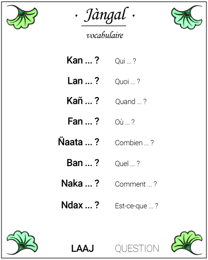 Carte de Vocabulaire des pronoms interrogatifs en wolof, pour poser des questions QQOQCCP - collection Jàngal