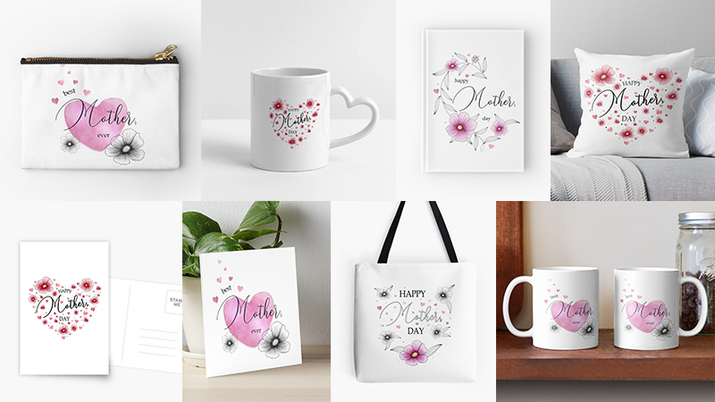 Bannière des produits à shopper pour la fête des mères, en coeurs et fleurs de cosmos rose, rouge ou bleu
